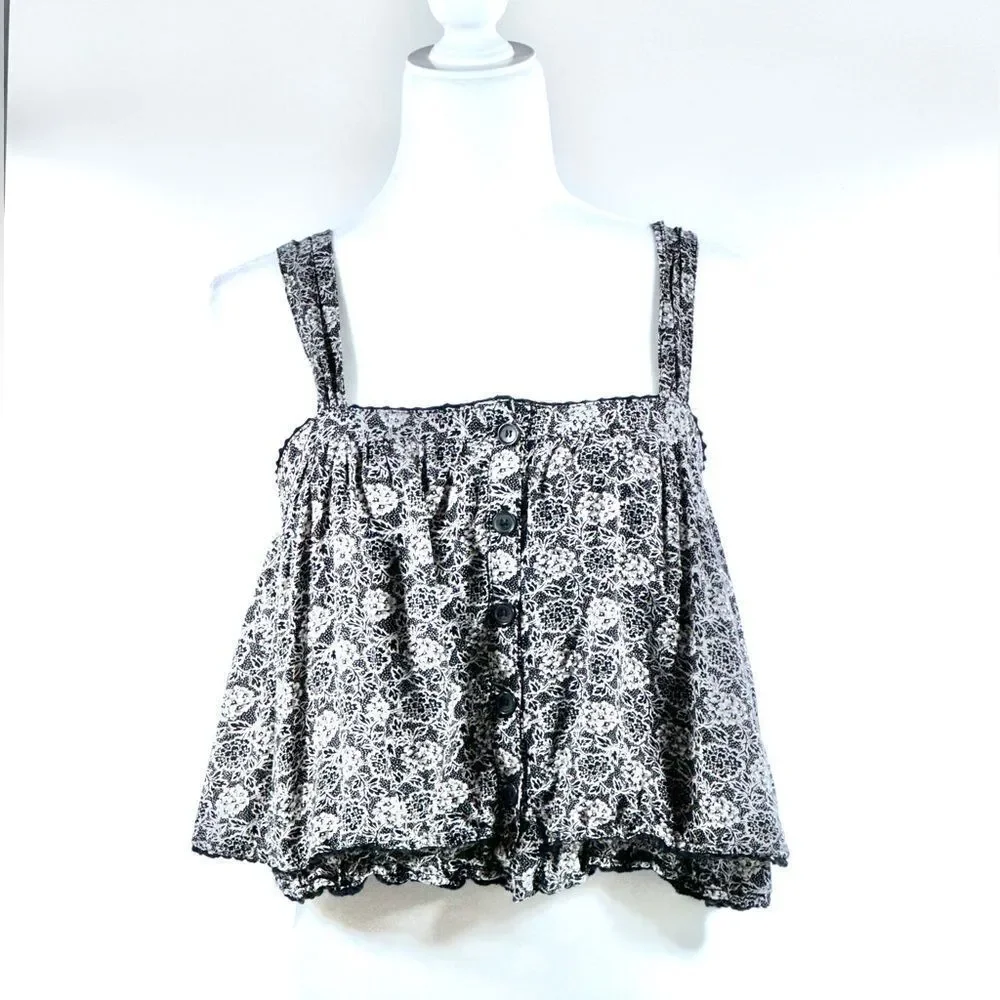 Free people black and white floral bottom front tiered tank top S